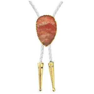 Pink Sunstone Gold Trim Bolo Tie with White Braided Vegan Leather Cord